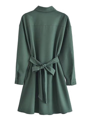 New Women Army Green With Belt Shirt Dress Long Sleeve Lapel Collar Female Autumn Dress Short Vestido