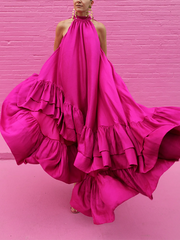 Lemongor Female Fashion Solid Color Stand Collar Falbala Mermaid Dress 2023 Summer Sleeveless Vacation Maxi Dresses For Women