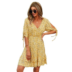 Casual Dress Women Spring Sexy Stresch Floral Dress Lady V Neck Short Sleeved A-line Skirt Girl High Waist Summer Clothes Female
