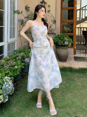 Hoobd Lady Summer Backless Beach Sexy Dress Ladies Slip Holiday Chiffon Sundress Women High Waist Sleeveless Slim Sweet Dress Midi New