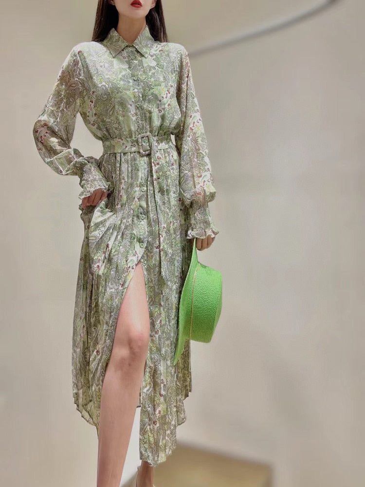 Fashion Designer Spring Print Midi Chiffon Dress Women 2023 New Elegant Long Sleeve Single Breasted Vintage Vacation Robes