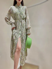 Fashion Designer Spring Print Midi Chiffon Dress Women 2023 New Elegant Long Sleeve Single Breasted Vintage Vacation Robes