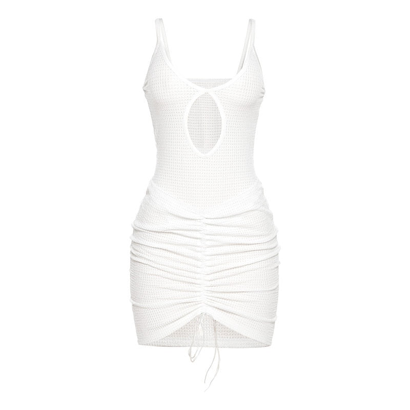 Hoobd Sexy Hollow Out Mini Dress Women Fashion Strap Ruched Bodycon Beach Dresses 2023 Summer White See Through Night Club Outfits