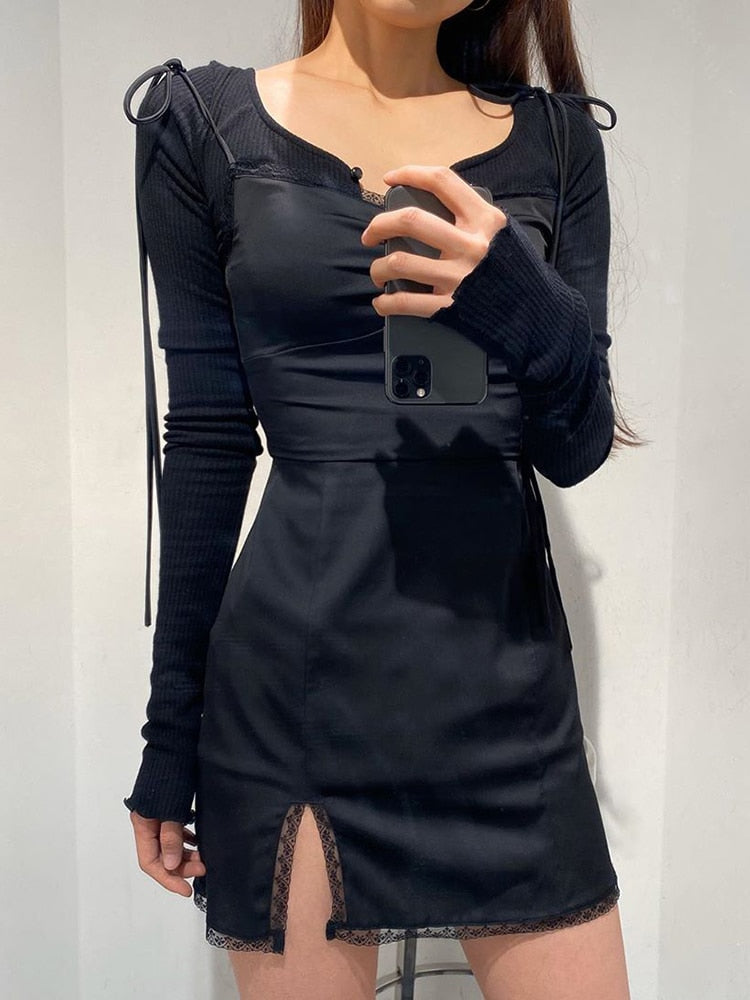 Strappy Satin Ruched Black Dress