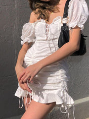 Ruffles Vintage Dress Women Summer Ruched Elegant White Short Sleeve Ladies Dress Beach Party