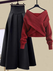 Hoobd2023 Autumn Winter Skirt Sets For Women Outfits Korean Casual Knitwears Pullover Sweater And High Waist Skirts Two Piece Sets