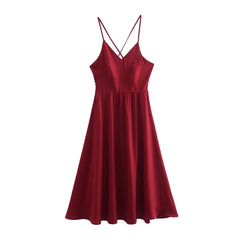 New Women  Lace Up Bandage Backless Sling Dress Vintage Wine  Red Sleeveless Ladies Satin Party Sexy Dresses