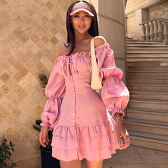 Fashion Woman 2023 Slash Neck Off Shoulder Puff Sleeve Ruffles Mini Dress Streetwear Sexy Girls Bodycon Evening Party Dresses
