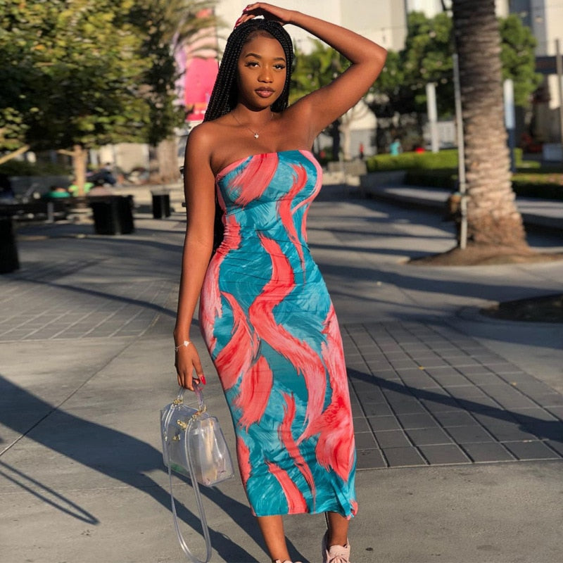 Hoobd Sexy Print Maxi Dresses Ladies Elegant Bodycon Women Dress Vintage Robe Femme Party Bandage Long Dress Woman Clothes Vestidos