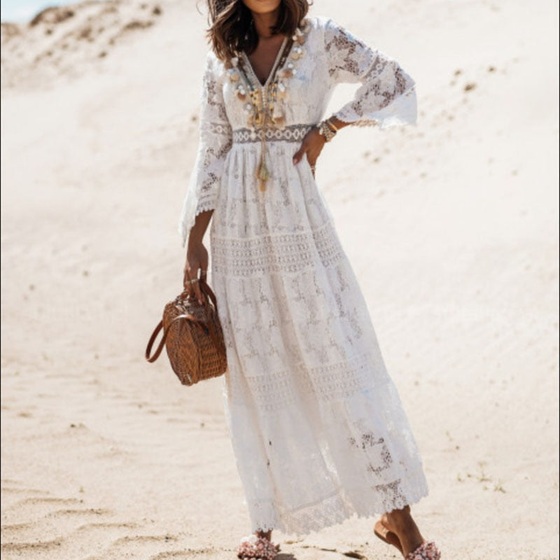 Hoobd Elegant V Neck Lady Loose Maxi Party Dress Women Flare Sleeve Solid Lace Dress Summer Hollow Out Casual Long Dress Vestidos