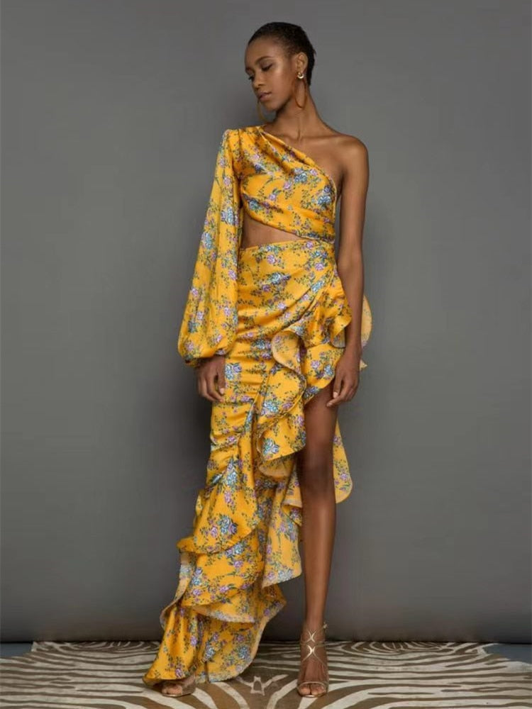 Hoobd Sexy Slanted Shoulder Floral Irregular Ruffle Dress Summer One Shoulder Cut Out Ruffle Long Dress Women Party Club Evening Dress