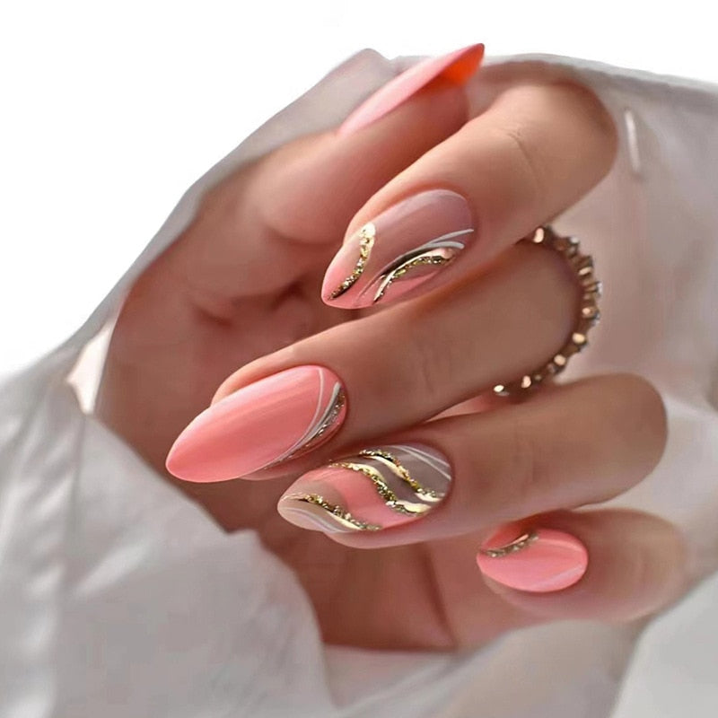 24Pcs Oval Head False Nails Shiny Golden Almond Artificial Fake Nails With Glue Full Cover Nail Tips Press On Nails DIY Manicure