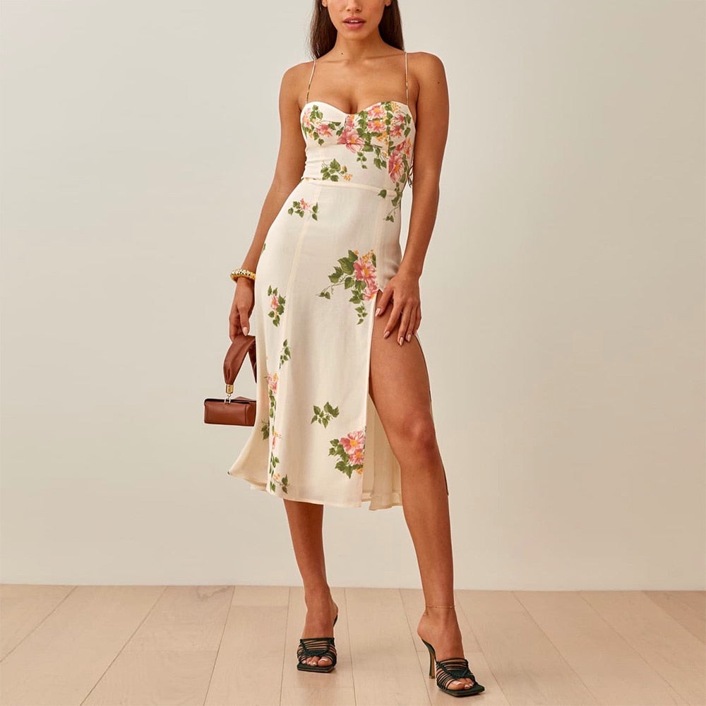 Hoobd Summer Dresses For Women Elegant Vintage Floral Print Dress Sweetheart Neck Spaghetti Strap Midi Dress With Slit Sundress