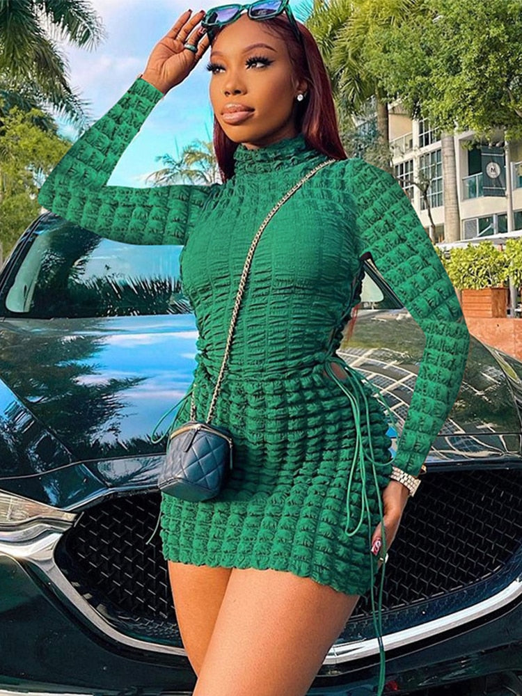 Hoobd Cut Out Long Sleeve Dress Women Y2K Mini Bodycon Bandage White Dress Fall Winter Stunning Stacked Streetwear Turtleneck Dress