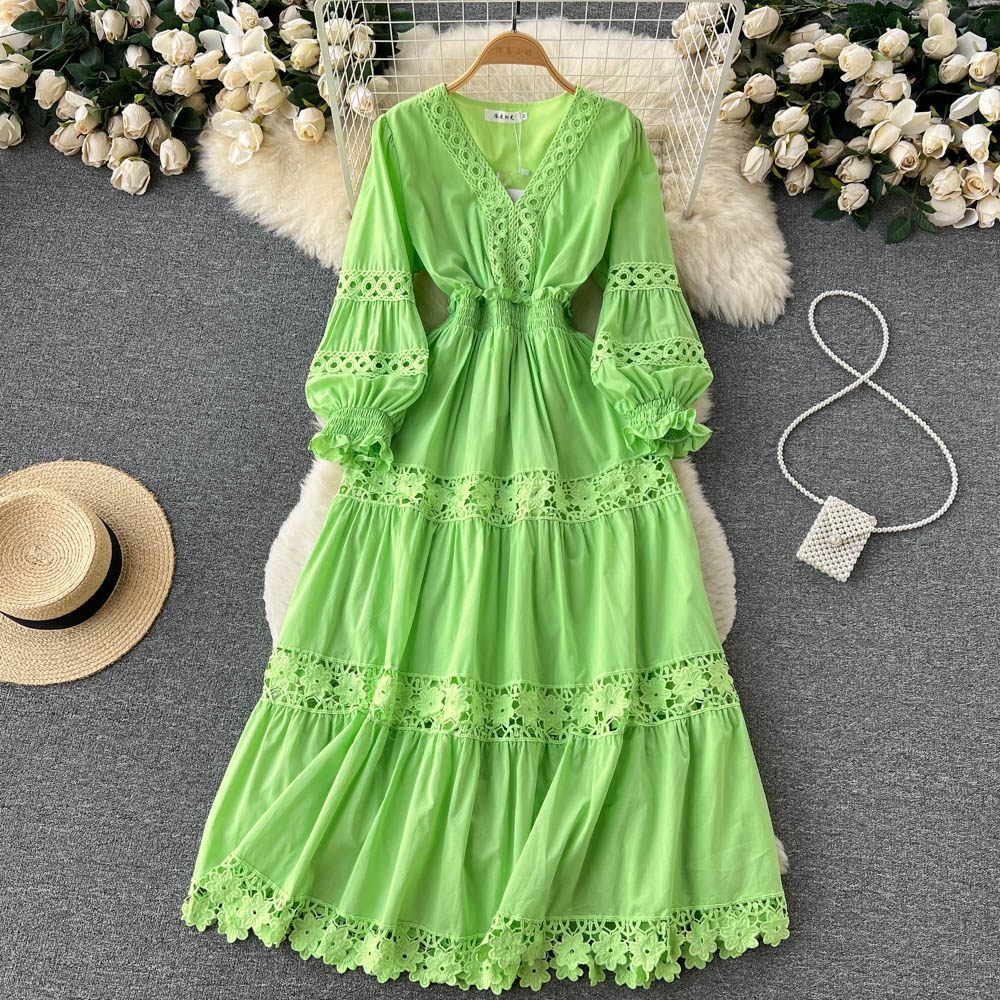 Autumn Vintage V-Neck Flower Embroidery Hollow Out Patchwork Vacation Long Dress Women Puff Sleeve Elastic Waist Holiday Vestido