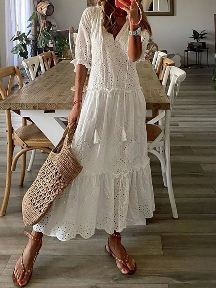 Hoobd Summer Fashion Floral Print Holiday Long Dress Casual Loose Drawstring Half Sleeve Dress Women V Neck Chic Ruffled Boho Dresses
