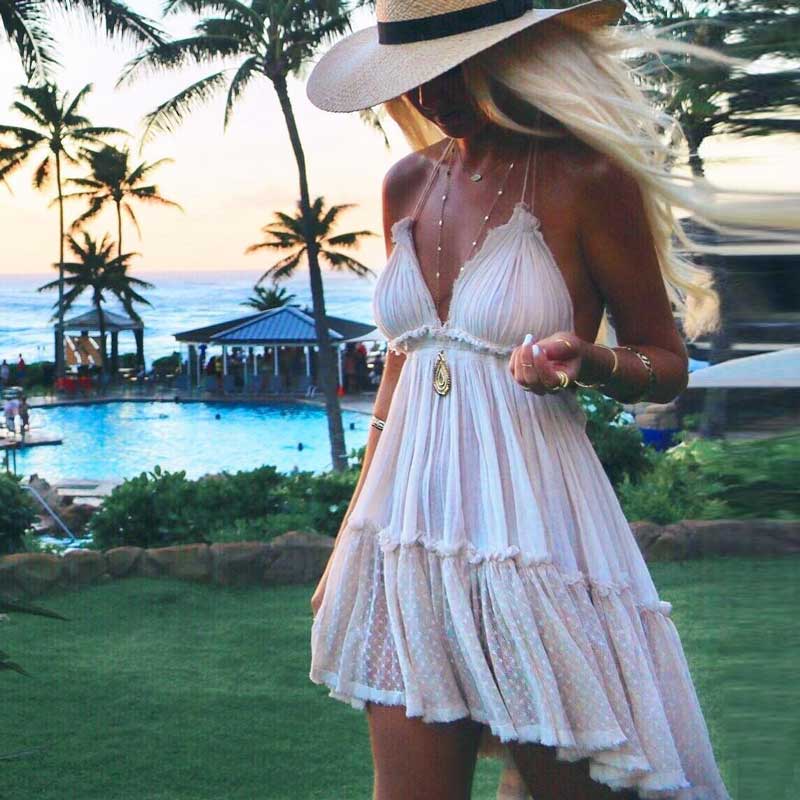 Hoobd summer dress cotton lace pleated halter backless beach dresses V-neck sexy dress women bohemian vestidos 2023