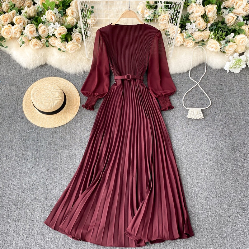 Women&#39;s Elegant Long Dress Spring and Summer Bubble Long Sleeve Pleated Belt Long Skirt 2023 Ladies French Temperament New Dress
