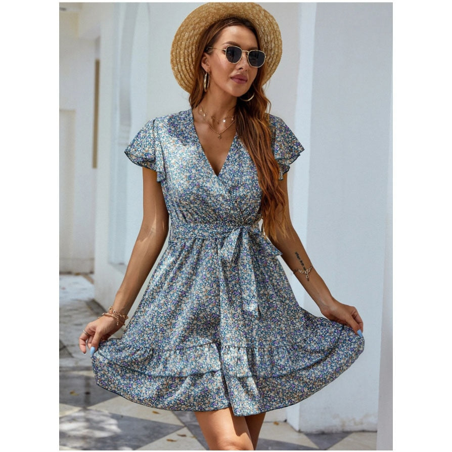 Hoobd Women's Temperament Street Foreign Trade Dress Waist V-neck Small Floral Long Dress Spring And Summer New