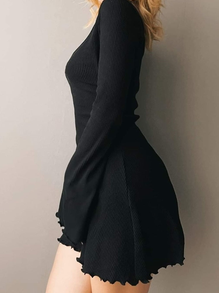 Casual Frill Long Sleeve Black Female Dress Slim Spring Autumn Mini Dresses Basic Fashion Elegant Outfits Korean Chic