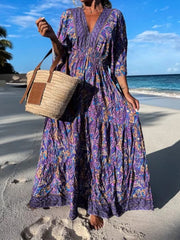 Hoobd Female Summer Floral Print Long Party Dress New Sexy V Neck Waist Folds Beach Dress 2023 Vintage Backless Loose Bohemia Dresses