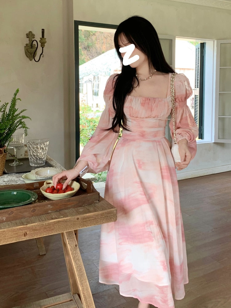 Long Sleeve Floral Midi Dress Chiffon French Elegant Party Dress Woman Casual Fashion Beach Dress Office Lady 2023 Summer Chic