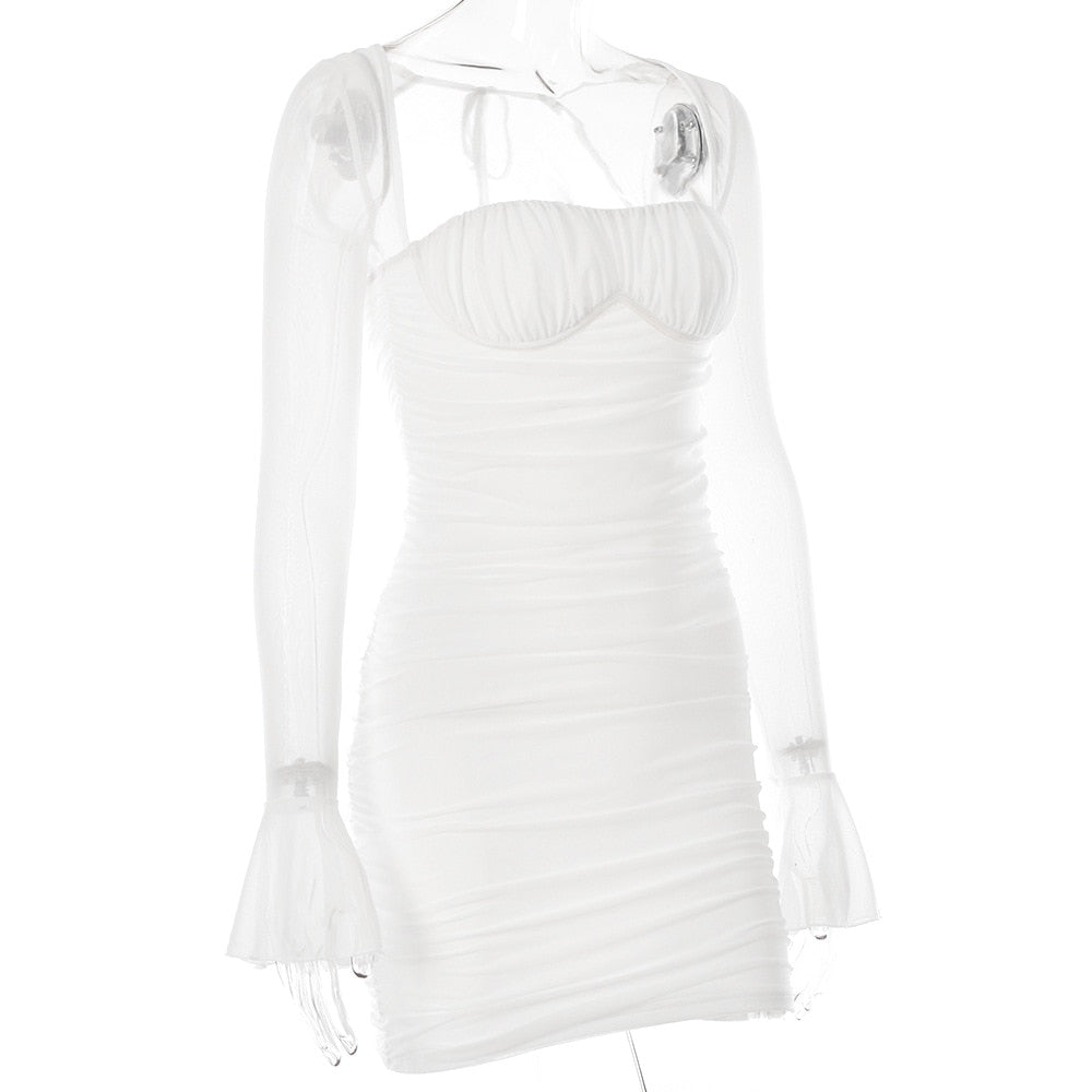 White Halter Mesh Long Sleeve Sexy Dress