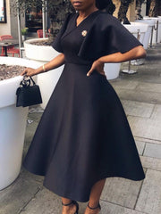 Women Dress V Neck Flare Sleeves A Line Pleated Swing Elegant Classy Female Occasion Summer Modest Runway Luxury Designer 2023