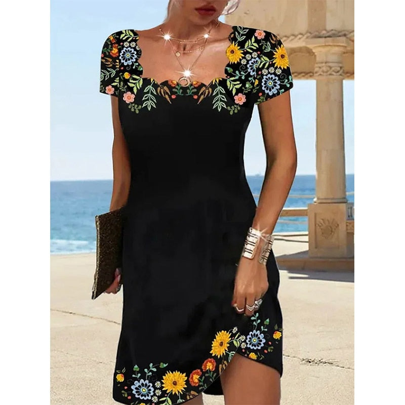 2023 Summer Women&#39;s Wavy Neck Print Short-sleeve Dress Elegant Casual Floral Theme Printed Female Fashionable Knee Length Dress