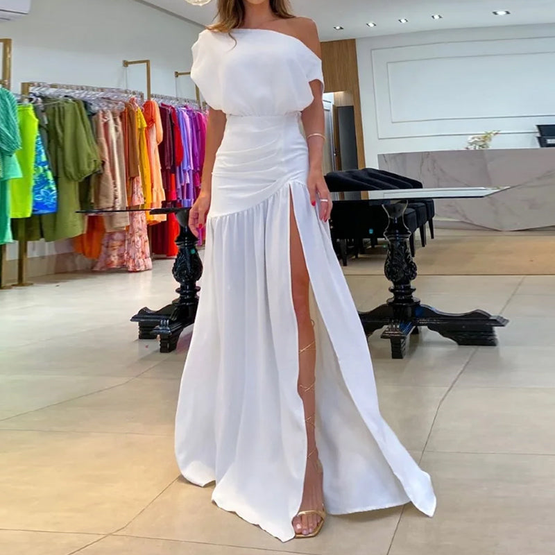 2023 Summer New Women's High Split Off Shoulder Maxi Dress Female Sexy One Word Neck Slit Orange Short-sleeved Solid Dresses