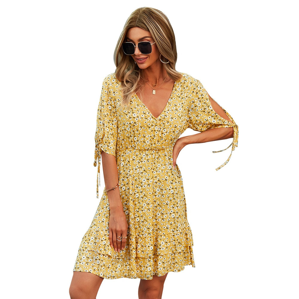 Casual Dress Women Spring Sexy Stresch Floral Dress Lady V Neck Short Sleeved A-line Skirt Girl High Waist Summer Clothes Female