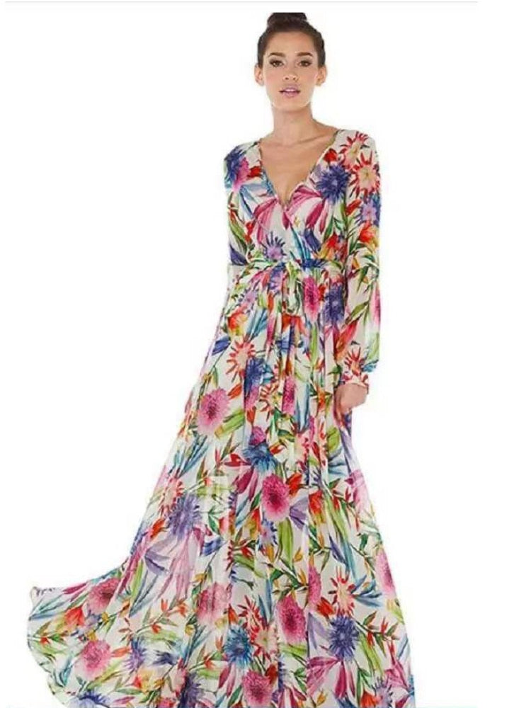 Hoobd Dresses for Women 2023 New Spring Summer Printed Sexy Dress Women Clothing V-Neck Long Dresses Bohemian Elegant Women&#39;s Dresses