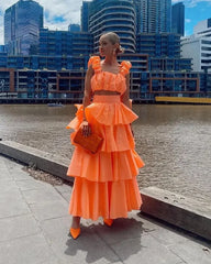 High Quality 2024 Summer Women Sexy Top and High Waist Ruffled Layer Skirts Holiday Vocation 2piece Sets