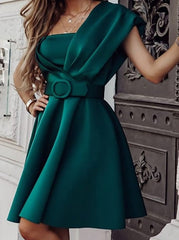 Hoobd Women Green One Shoulder Flared Party Dress With Belt