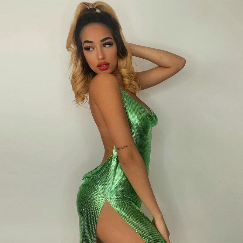 Hoobd Summer Clothes Bling Glitter Women Halter Mini Dress Side Slit Backless Bodycon Sexy Streetwear Party Club Festival