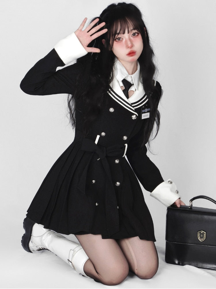 Hoobd Black Korean Style Elegant Dress Women Navy Collar Sweet Party Mini Dress Female Long Sleeve College Style One-piece Dress 2023