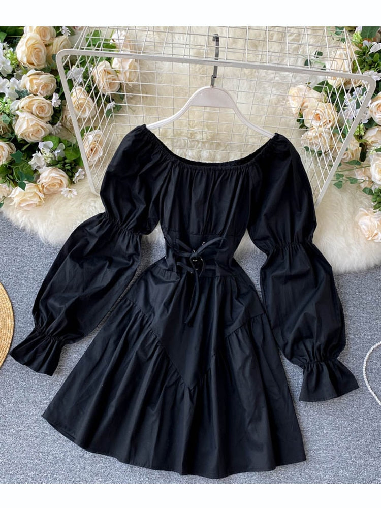 Hoobd Early Autumn Dress Retro Gothic Women White Black Bandage Mini Dress Sexy Off Shoulder Puff Sleeve Korean Vestidos