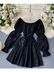 Hoobd Early Autumn Dress Retro Gothic Women White Black Bandage Mini Dress Sexy Off Shoulder Puff Sleeve Korean Vestidos