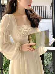 French Elegant Solid Midi Dress Woman Fairy One Piece Dress Korea Fashion 2023 Summer Long Sleeve Even Party Dress Casual Female