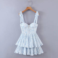 Fashion Women Spaghetti Strap Ruffle Cake Chiffon Dress Sexy Ladies Floral Print Holiday Party Mini Dress Summer Robe