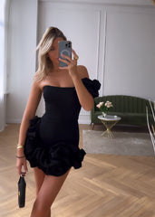 Elegant Flower Edge Mini Dress Women Fashion Slim Off Shoulder Rose Pleated Short Robe 2023 Spring Female Party Evening Dresses