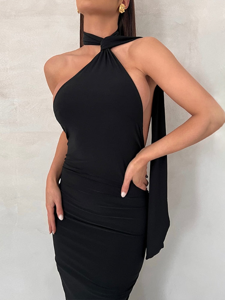 Elegant Backless Party Dress for Women Summer Sexy Halter Neck Bodycon Maxi Dress 2023 Evening Club Long Dress Black Vestido