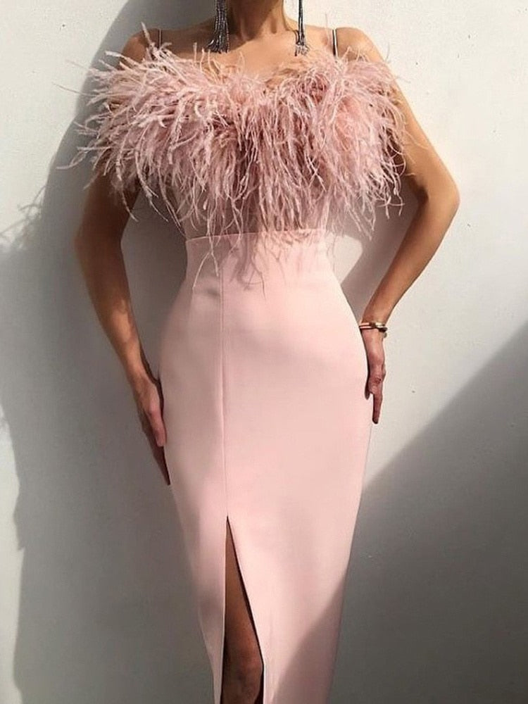 Hoobd Luxury Feathers Dress Women Sleeveless Spaghetti Strap High Waist Bodycon Slit Mid-calf Wedding Birthday Party Evening Dresses