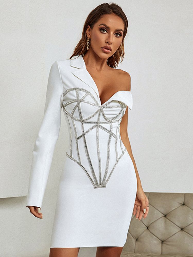 2023 Fall New Women's Diamond Beaded Mini Skinny Sexy V-neck Single Sleeve Bandage Dress Celebrity Runway Party Dress