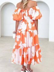 Women Dress Vintage Print Off Shoulder Puff Sleeve Elastic Waist Party Beach Style Sexy Dresses Spring Summer 2024