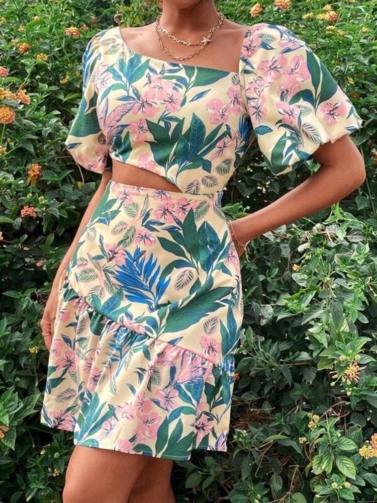 Hoobd Fashion Hollow Puff Sleeve Slim Party Dress Summer Picnic A-Line Casual Dress Women Elegant Square Neck Floral Print Mini Dress