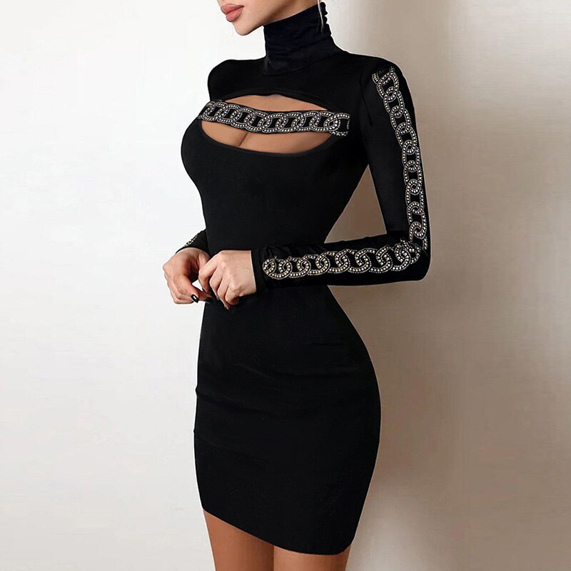 Hoobd Shiny Silk Turtleneck Bodycon Evening Dress Sexy Mesh Patchwork Long Sleeve A-line Dress Women Elegant Hollow Out Fashion Dress