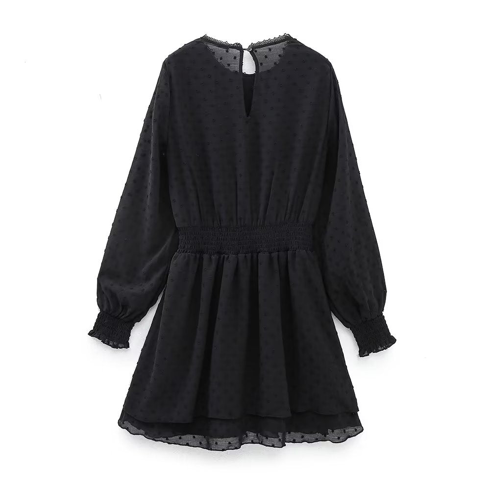 New Spring Women Ruffled Dotted Black  Dress Long Sleeve Elastic Waist Female Vintage Dresses Short Vestidos