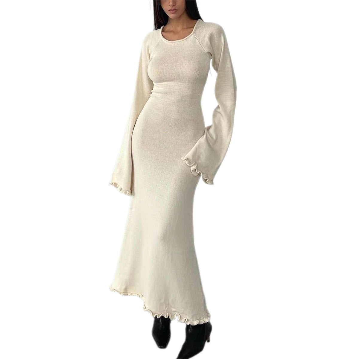 chic and elegant Women's Long Sleeve Knitted Bodycon Dress Tie Backless Round Neck Solid Color Ruffle Trim Long Dress Beachwear