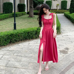 French Vintage A-line Midi Dress for Women 2024 Sleeveless High Waisted Square Collar Flounce Sweet Fairy Dresses Summer